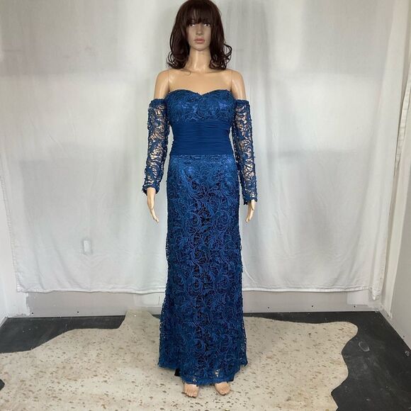 Julie Polanco Blue Floral Lace Off Shoulder Sweetheart Neck Evening Maxi Gown M - Picture 3 of 11